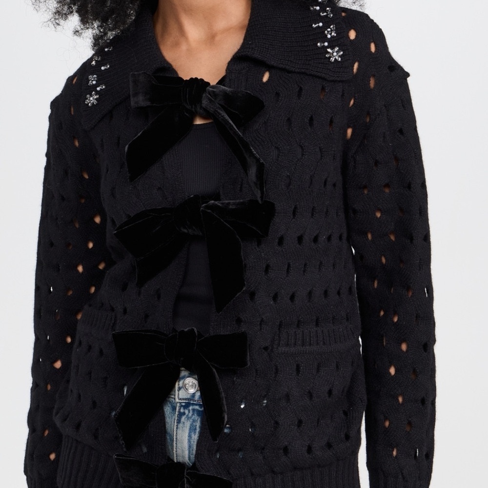 Sea New York Leia Black Velvet Bow Open Knit Cardigan XS NWOT